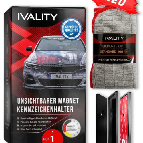 1 IVALITY 1x Magnetischer Alu-Kennzeichen-Halter schwarz für auf der Stoßstange